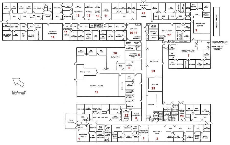Annotated blueprint layout of the Administration Building