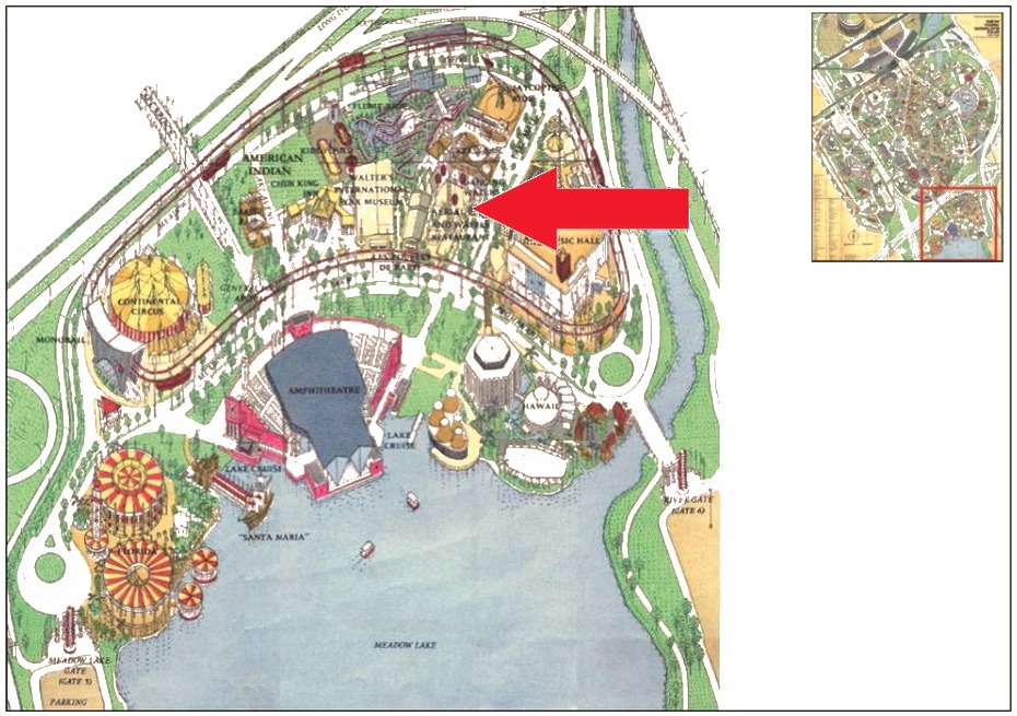 Aerial Tower Ride location on the Amusement Area of the 1964 Official Souvenir Map, with a red arrow pointing to the Aerial Tower Ride