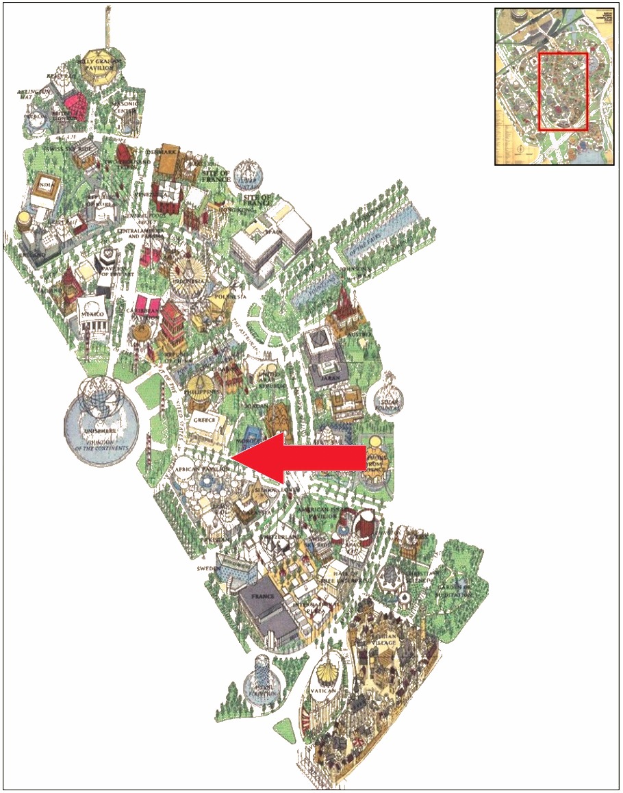 Africa pavilion location on the International Area of the 1964 Official Souvenir Map, with a red arrow pointing to Africa