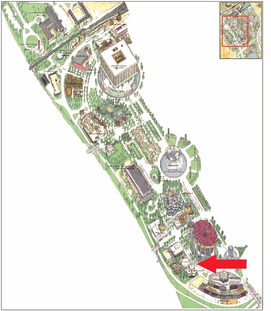 Alaska Pavilion location on the Federal and State Area of the 1964 Official Souvenir Map, with a red arrow pointing to Alaska