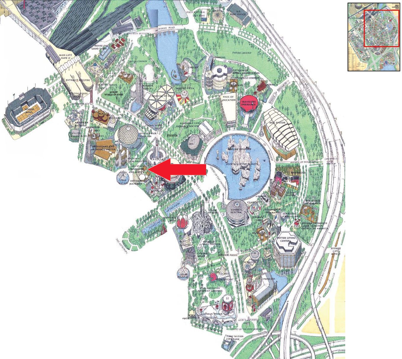 All-State Properties & Macy's location on the Industrial Area of the 1964 Official Souvenir Map, with a red arrow pointing to All-State Properties
