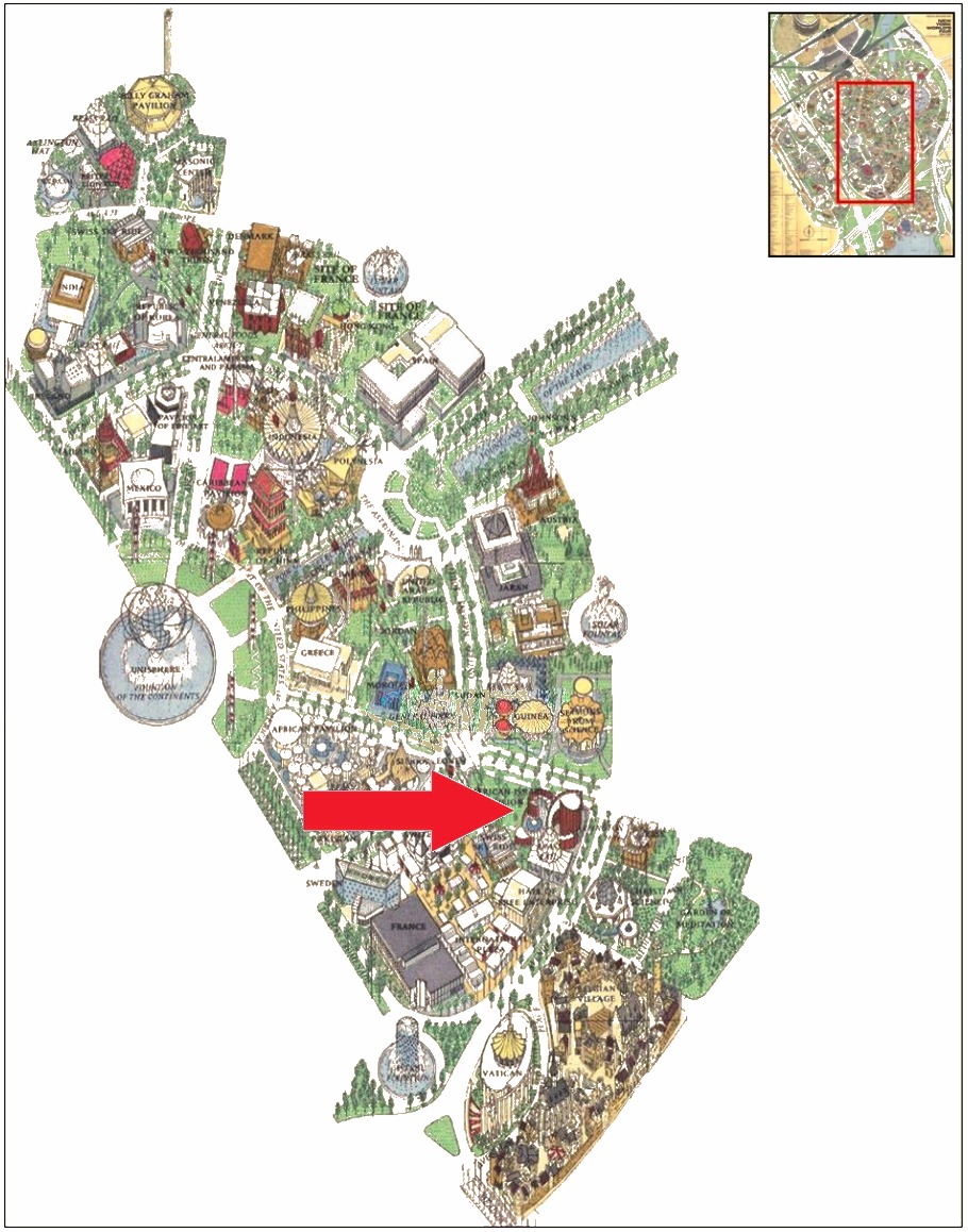 American-Israel Pavilion location on the International Area of the 1964 Official Souvenir Map, with a red arrow pointing to American-Israel