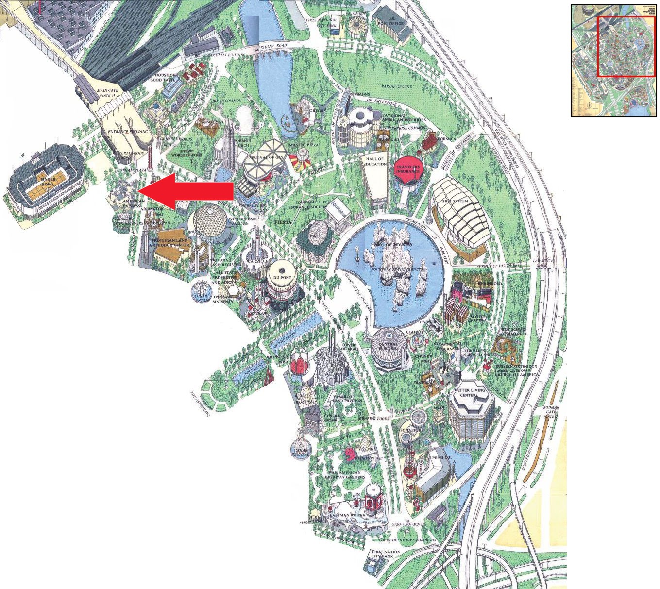 American Express Pavilion location on the Industrial Area of the 1964 Official Souvenir Map, with a red arrow pointing to American Express