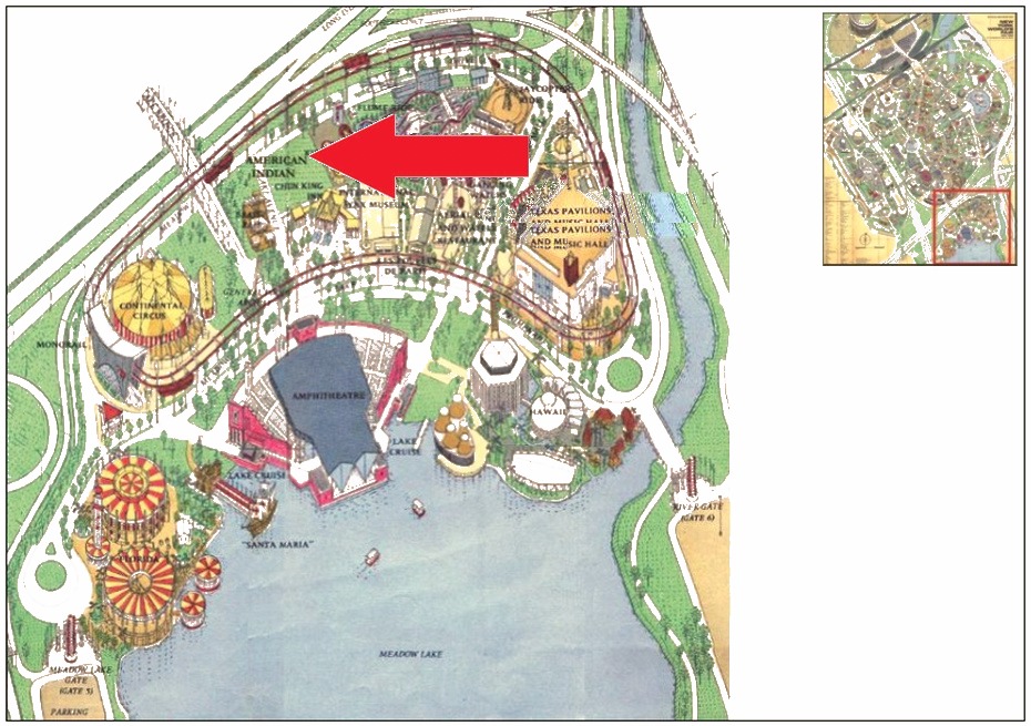 American Indian Exposition location on the Amusement Area of the 1964 Official Souvenir Map, with a red arrow pointing to American Indian