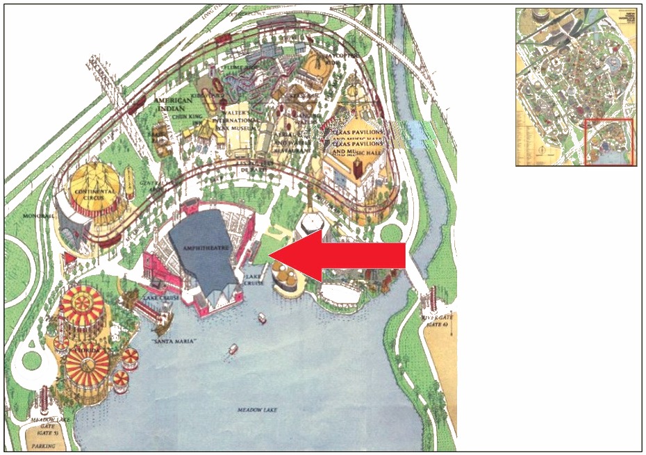 Amphicar Ride location on the Amusement Area of the 1964 Official Souvenir Map, with a red arrow pointing to Amphicar