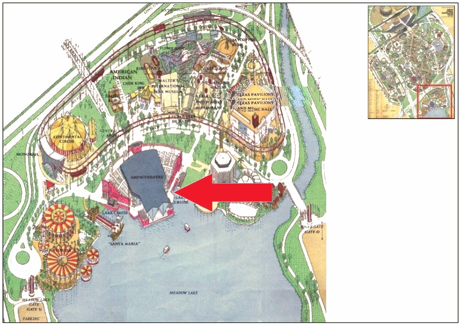 Amphitheatre location on the Amusement Area of the 1964 Official Souvenir Map, with a red arrow pointing to Amphitheatre