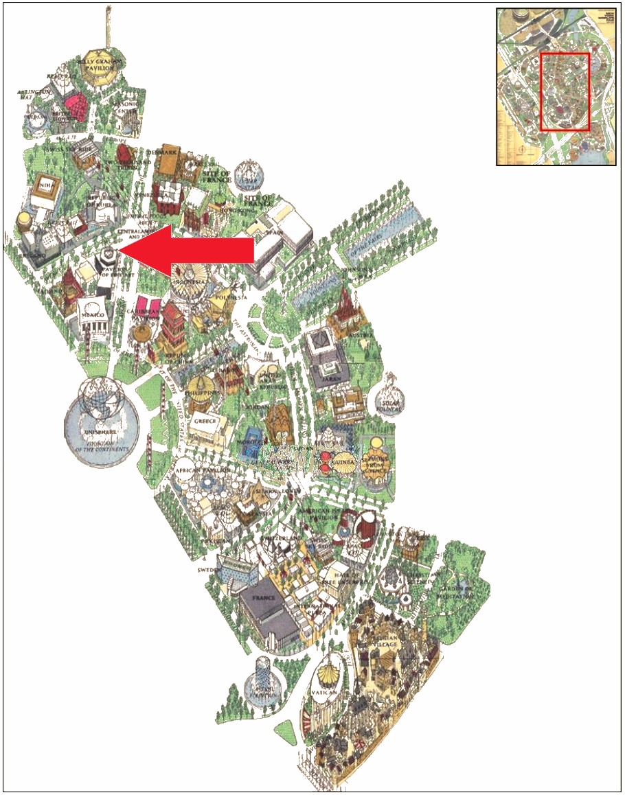Argentina pavilion location on the International Area of the 1964 Official Souvenir Map, with a red arrow pointing to Argentina