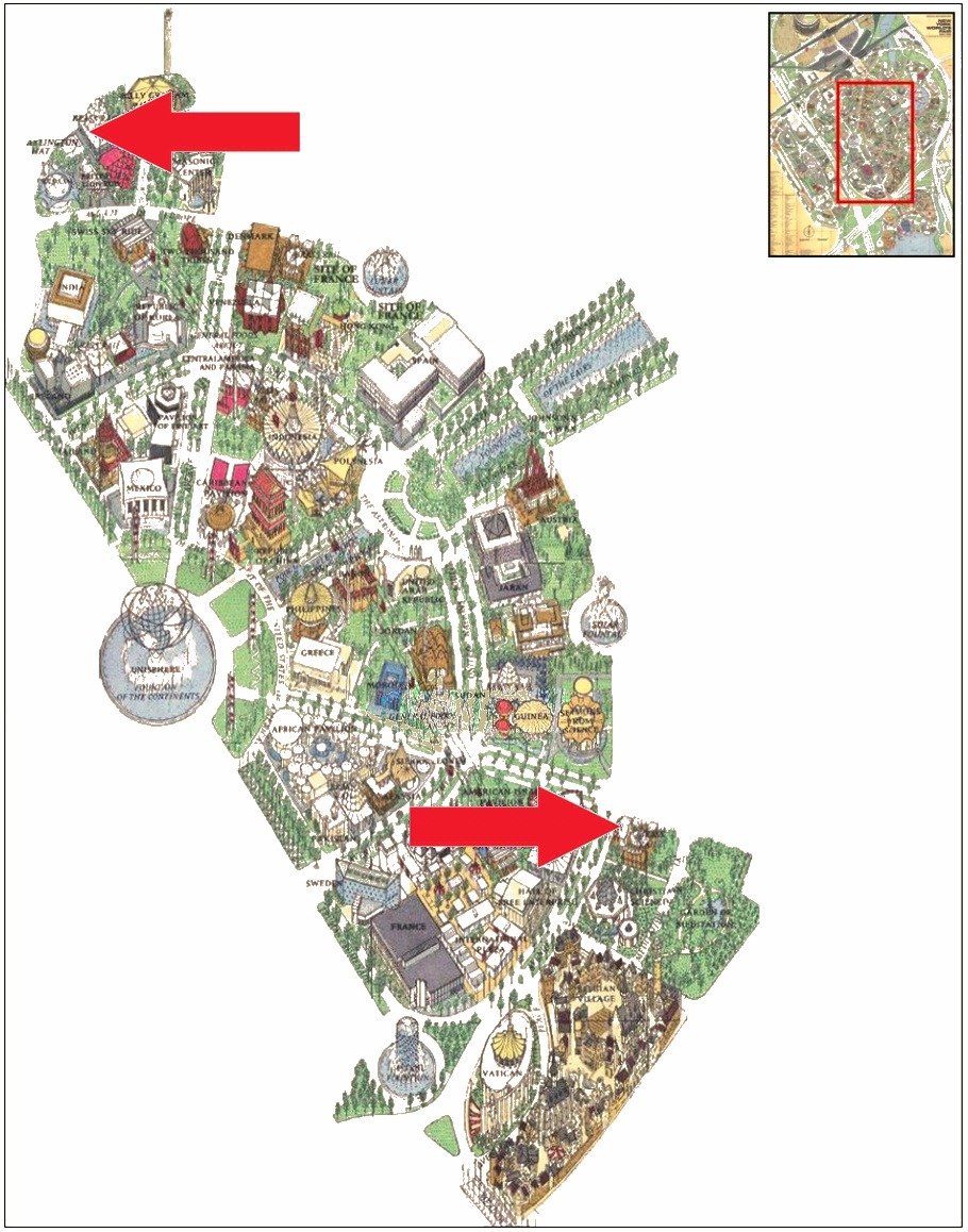 Arlington Hat location on the International Area of the 1964 Official Souvenir Map, with a red arrow pointing to Arlington Hat