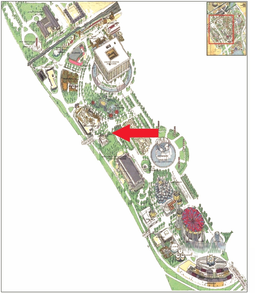 Arlington Hat location on the Federal and State Area of the 1964 Official Souvenir Map, with a red arrow pointing to Arlington Hat