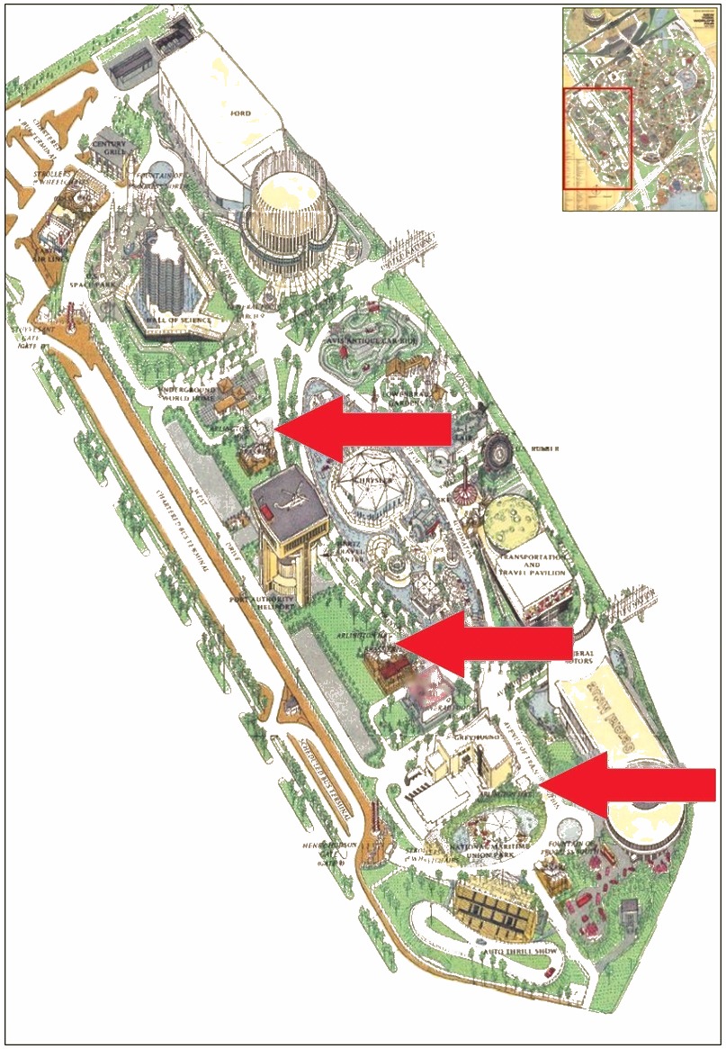 Arlington Hat location on the Transportation Area of the 1964 Official Souvenir Map, with a red arrow pointing to Arlington Hat