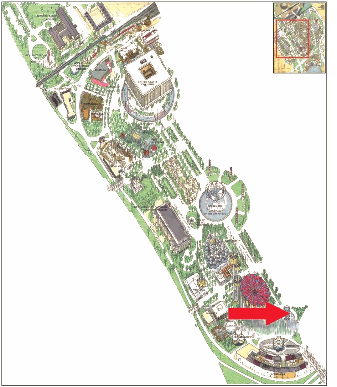 Astral Fountain location on the Federal and State Area of the 1964 Official Souvenir Map, with a red arrow pointing to the Astral Fountain