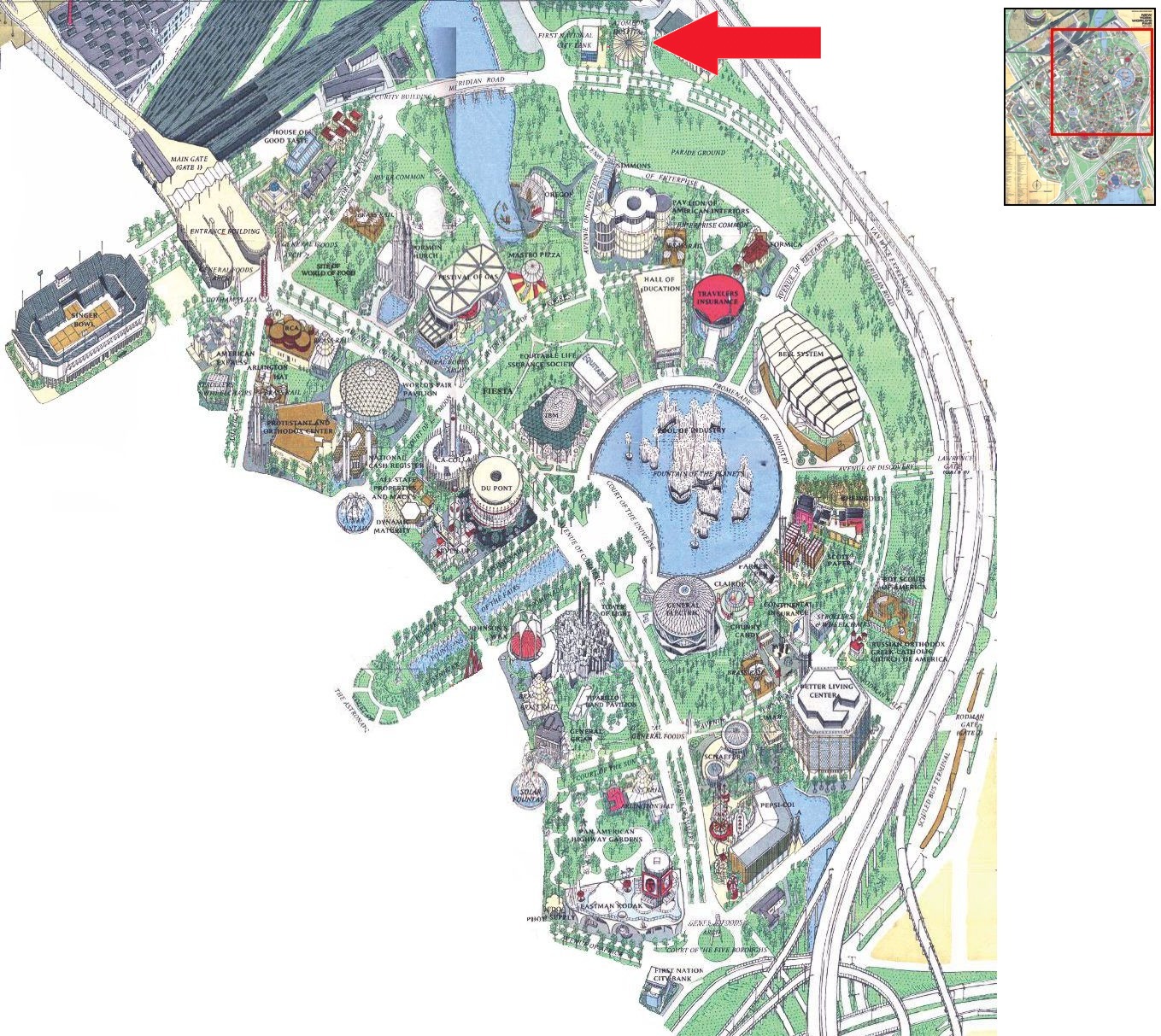 Atomedic Hospital location on the Industrial Area of the 1964 Official Souvenir Map, with a red arrow pointing to the Atomedic Hospital