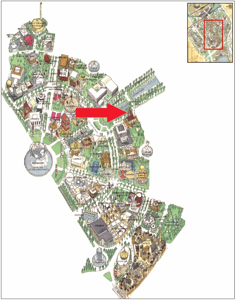 Austria pavilion location on the International Area of the 1964 Official Souvenir Map, with a red arrow pointing to Austria