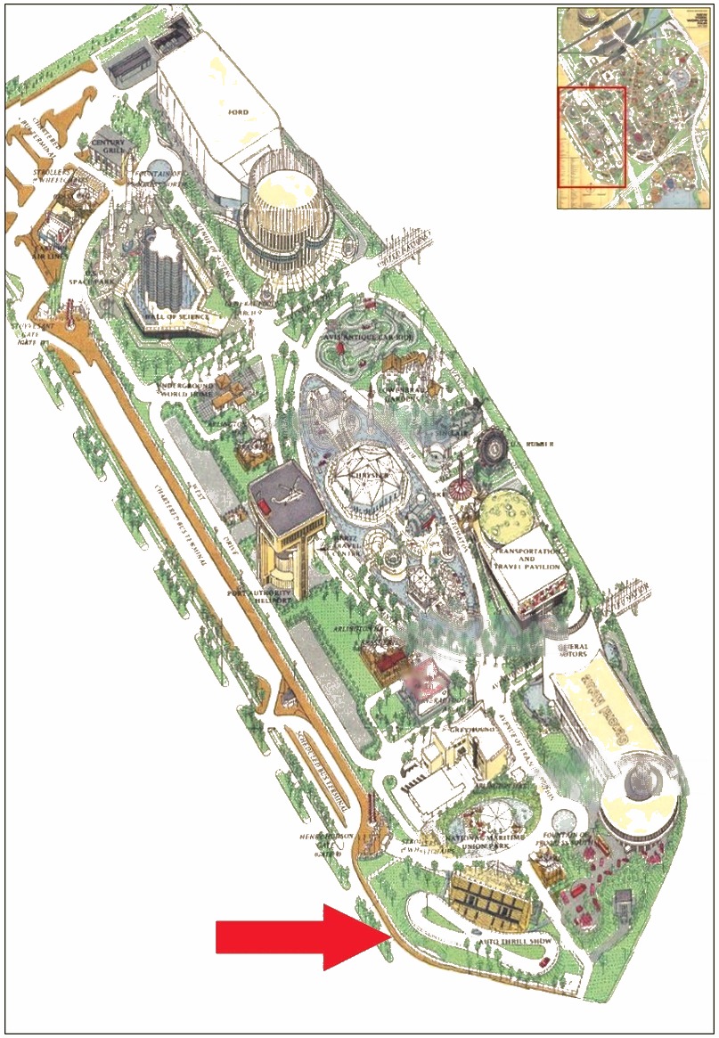 Auto Thrill Show location on the Transportation Area of the 1964 Official Souvenir Map, with a red arrow pointing to the Auto Thrill Show