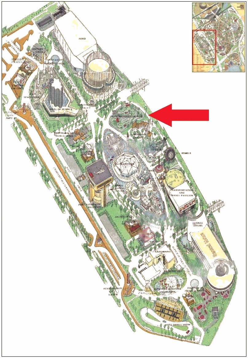 Avis Antique Car Ride location on the Transportation Area of the 1964 Official Souvenir Map, with a red arrow pointing to Avis Antique Car Ride