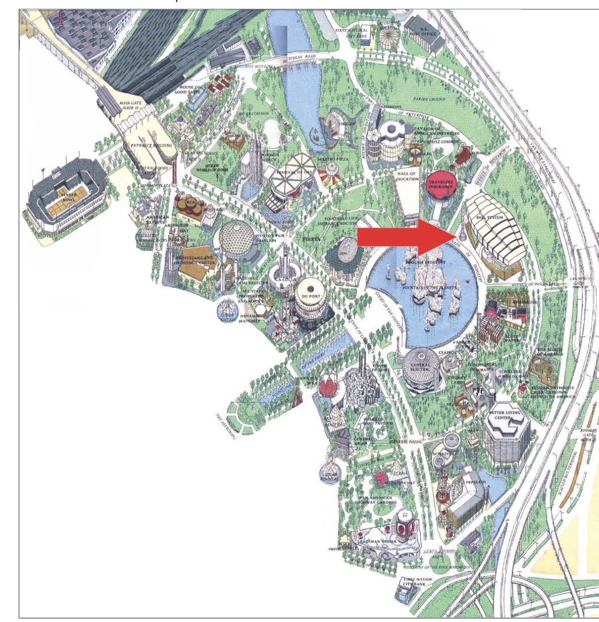 Bell System Pavilion location on the Industrial Area of the 1964 Official Souvenir Map, with a red arrow pointing to Bell System