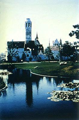 Belgian Village across tranquil lake