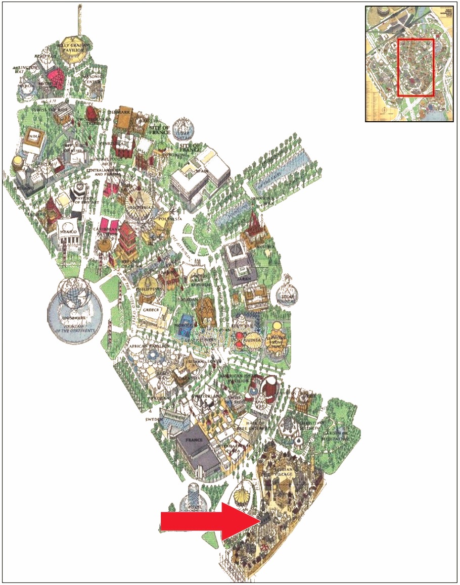 Belgian Village location on the International Area of the 1964 Official Souvenir Map, with a red arrow pointing to the village