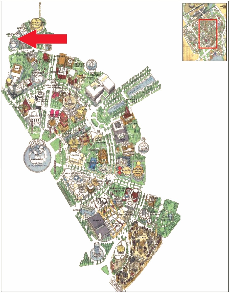 Berlin pavilion location on the International Area of the 1964 Official Souvenir Map, with a red arrow pointing to the pavilion