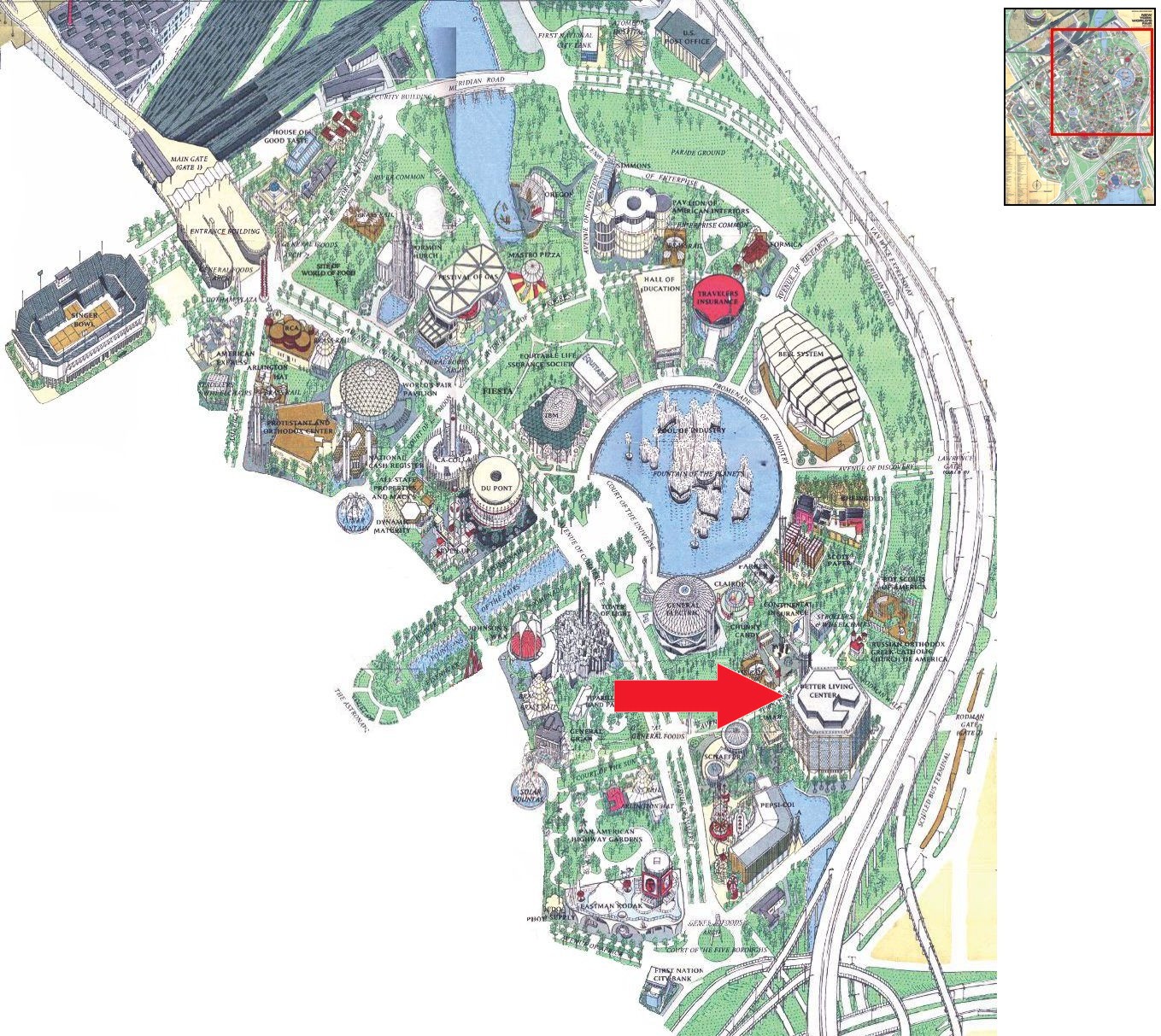 Better Living Center location on the Industrial Area of the 1964 Official Souvenir Map, with a red arrow pointing to the pavilion