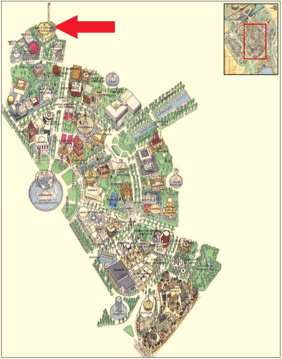 Billy Graham location on the International Area of the 1964 Official Souvenir Map, with a red arrow pointing to Billy Graham
