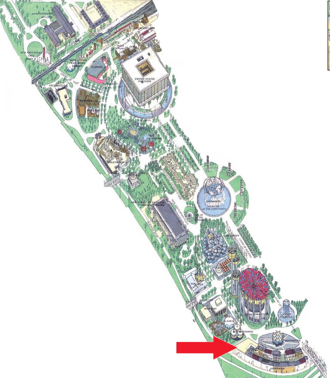 Bourbon Street location on the Federal and State Area of the 1964 Official Souvenir Map, with a red arrow pointing to Bourbon Street