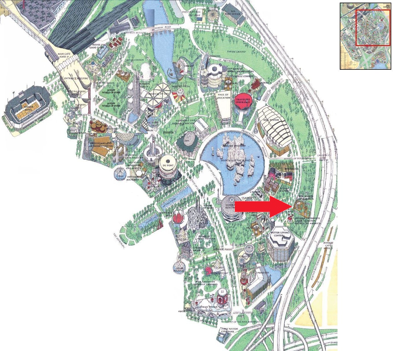 Boy Scouts of America location on the Industrial Area of the 1964 Official Souvenir Map, with a red arrow pointing to the Boy Scouts of America pavilion