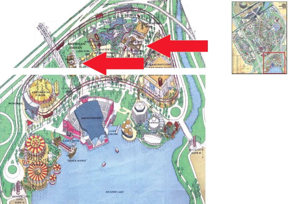 Brass Rail location on the Amusement Area of the 1964 Official Souvenir Map, with a red arrow pointing to a Brass Rail Food Services stand