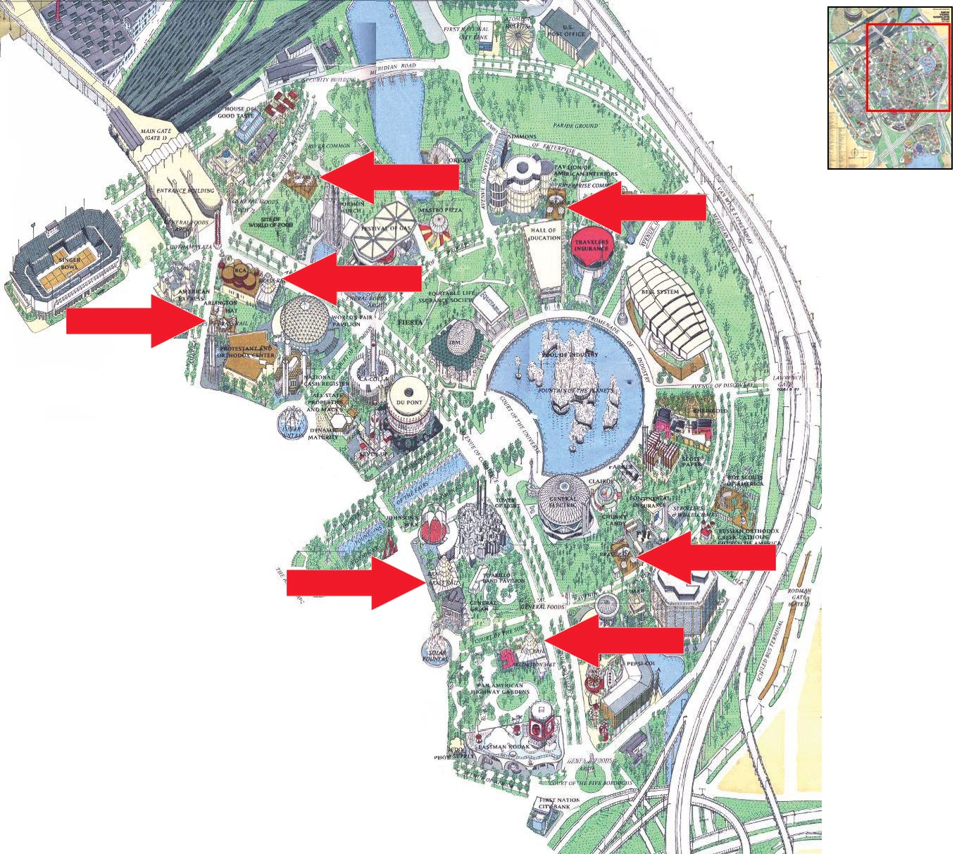 Brass Rail location on the Industrial Area of the 1964 Official Souvenir Map, with a red arrow pointing to a Brass Rail Food Services stand