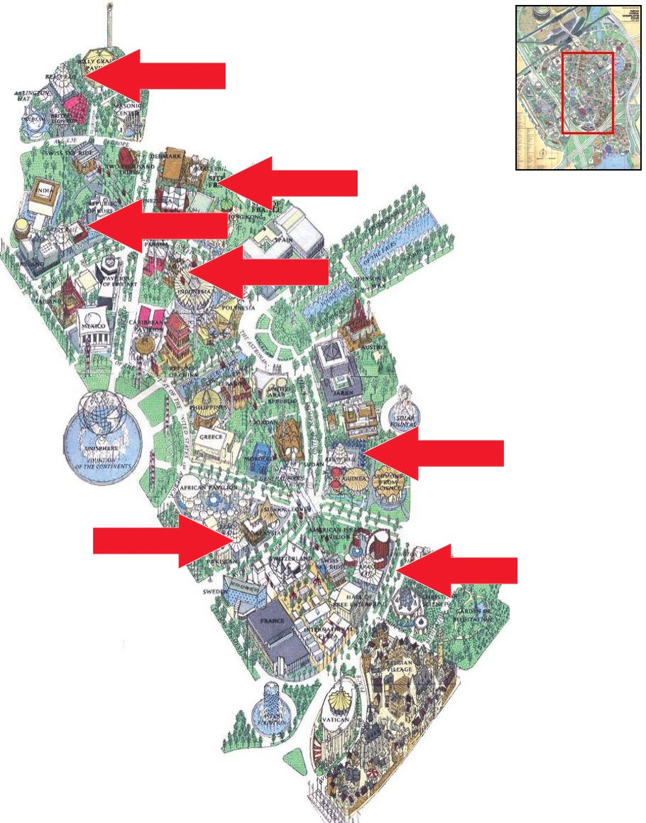 Brass Rail location on the International Area of the 1964 Official Souvenir Map, with a red arrow pointing to a Brass Rail Food Services stand