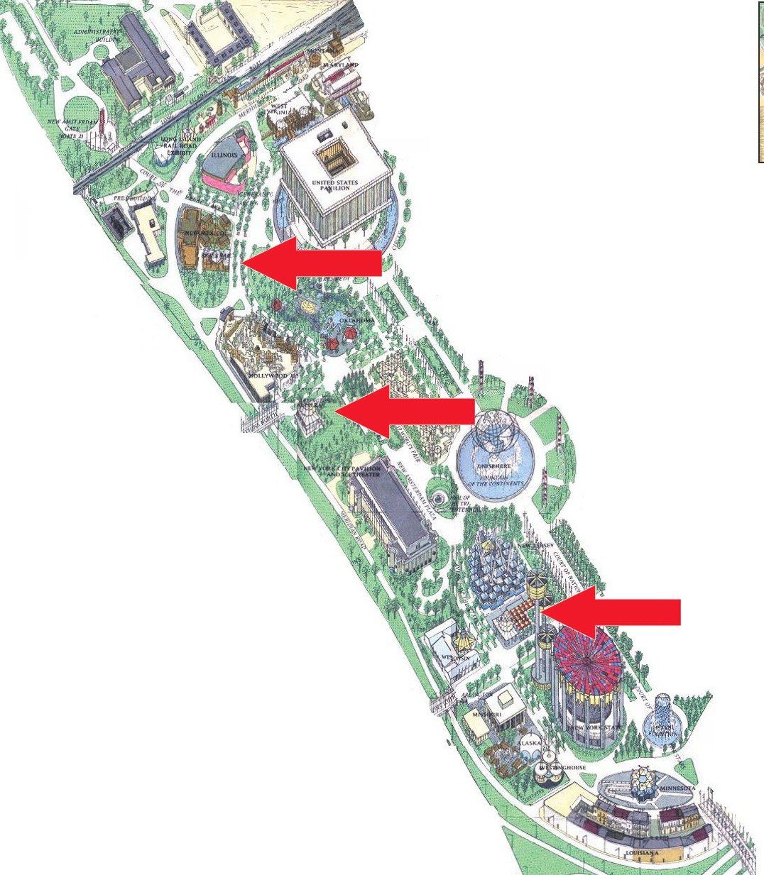 Brass Rail location on the Federal and State Area of the 1964 Official Souvenir Map, with a red arrow pointing to a Brass Rail Food Services stand