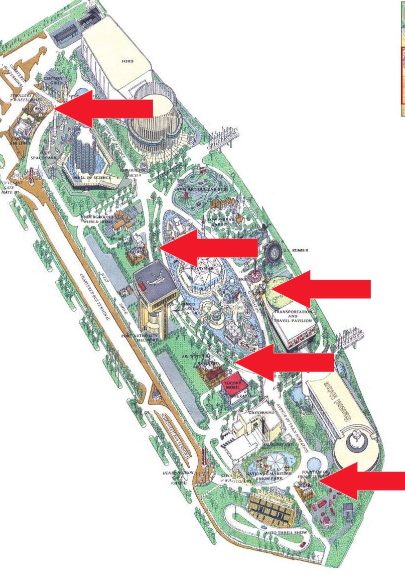 Brass Rail location on the Transportation Area of the 1964 Official Souvenir Map, with a red arrow pointing to a Brass Rail Food Services stand