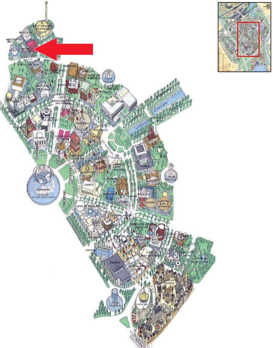British Lion Pub location on the International Area of the 1964 Official Souvenir Map, with a red arrow pointing to the British Lion Pub