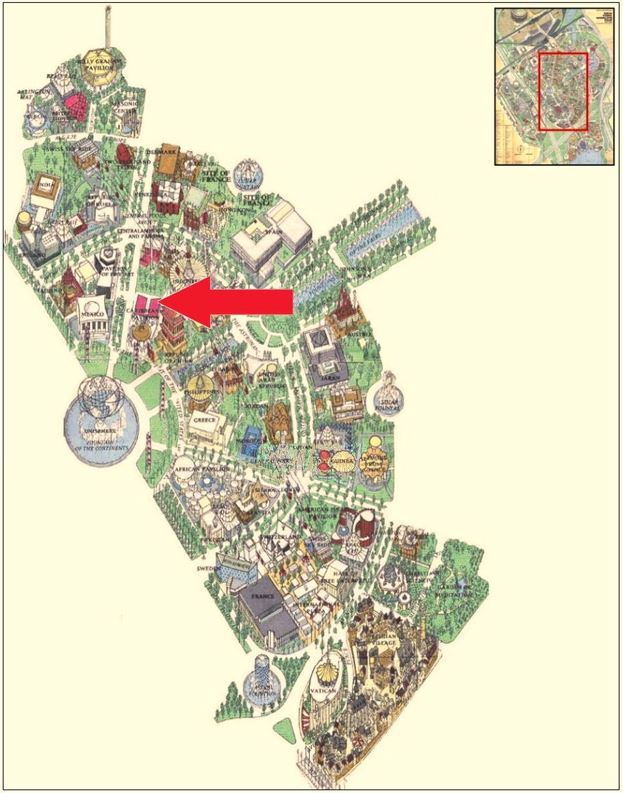 Caribbean Pavilion location on the International Area of the 1964 Official Souvenir Map, with a red arrow pointing to the pavilion