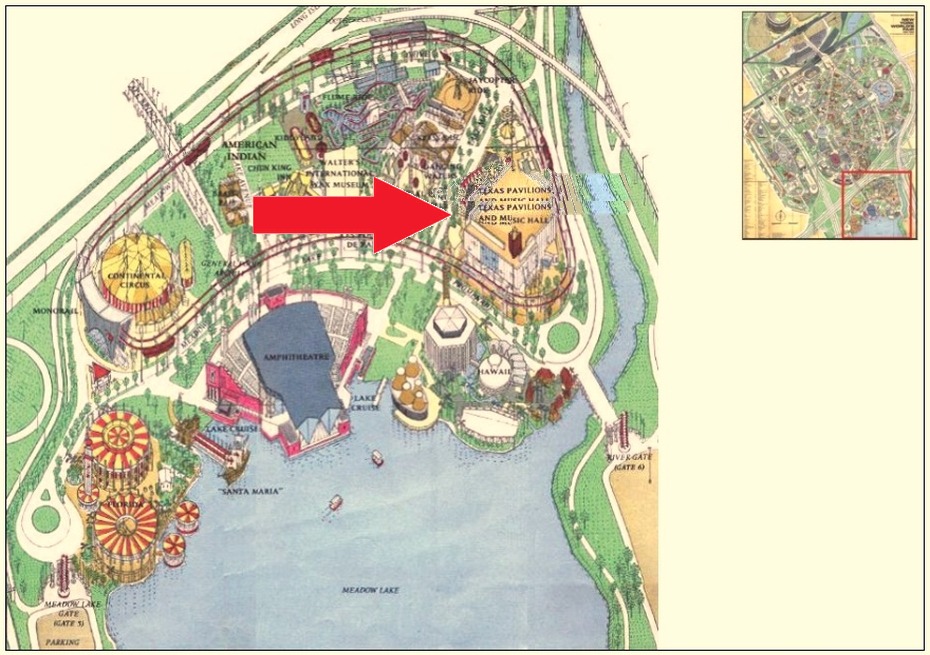 Carnival location on the Amusement Area of the 1964 Official Souvenir Map, with a red arrow pointing to the former Texas Pavilions and Music Hall site