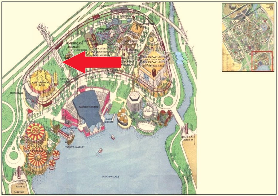 Carousel Park location on the Amusement Area of the 1964 Official Souvenir Map, with a red arrow pointing to Carousel Park
