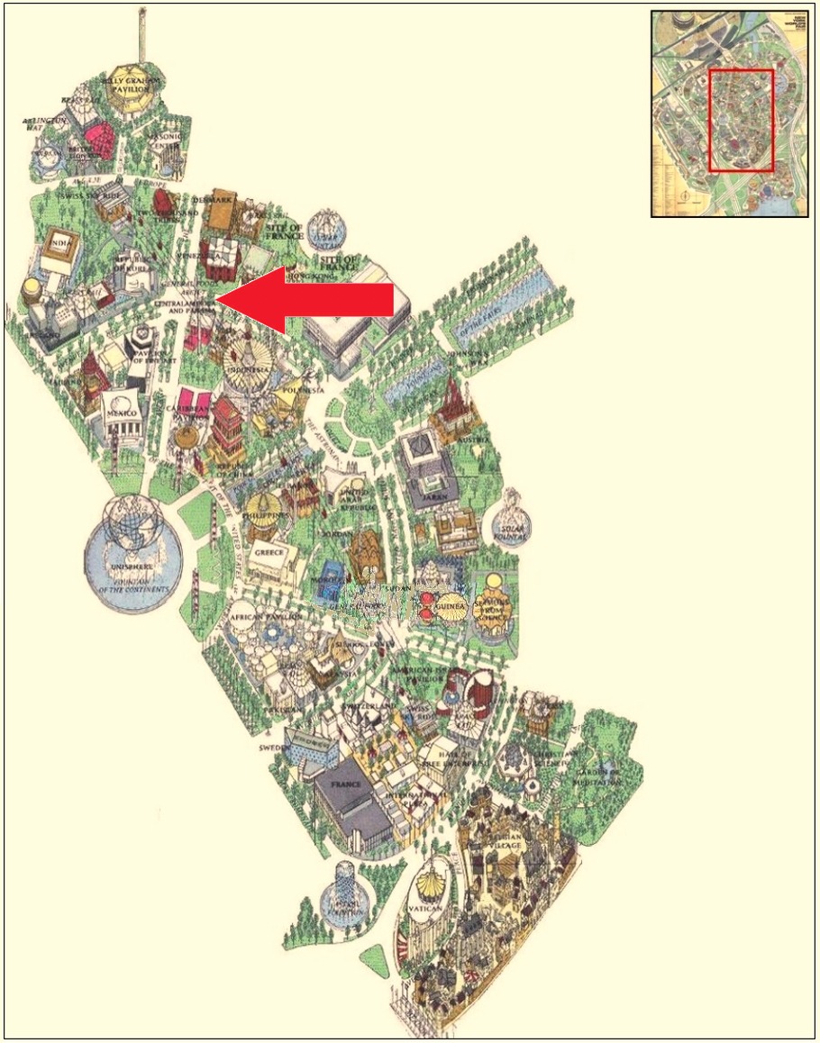 Central America location on the International Area of the 1964 Official Souvenir Map, with a red arrow pointing to Central America and Panama