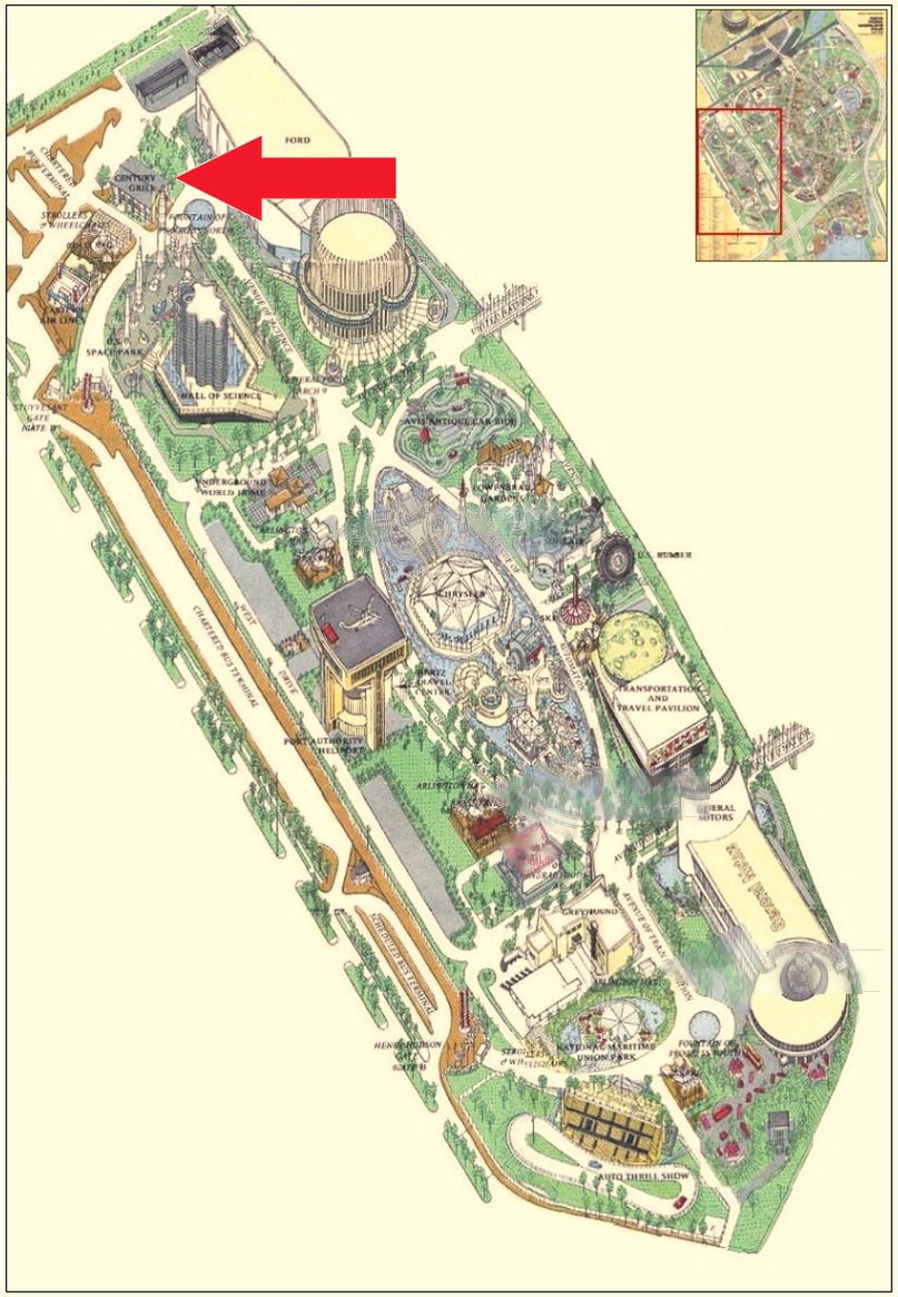 Century Grill location on the Transportation Area of the 1964 Official Souvenir Map, with a red arrow pointing to Century Grill