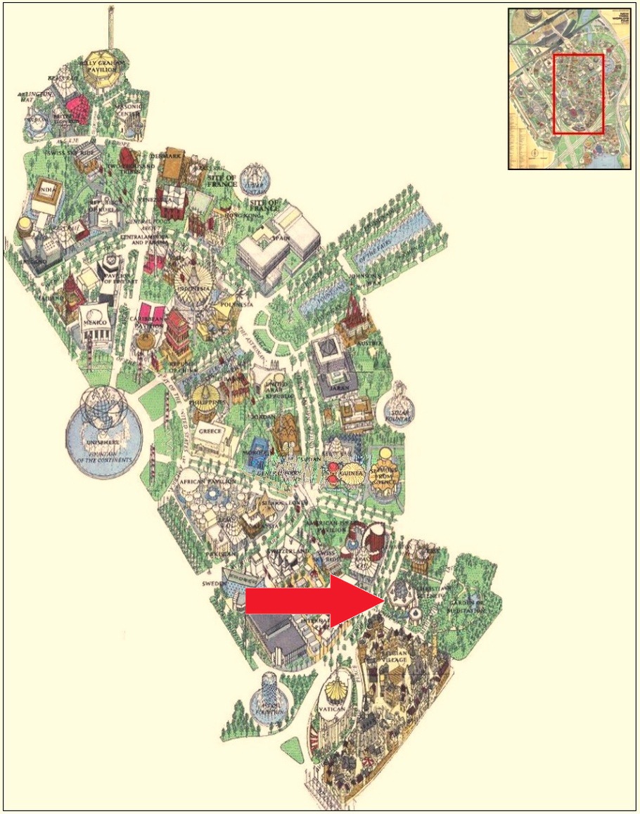 Christian Science pavilion location on the International Area of the 1964 Official Souvenir Map, with a red arrow pointing to Christian Science