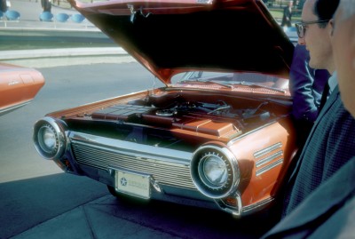 Hood is up to allow viewing of the turbine engine in the experimental car