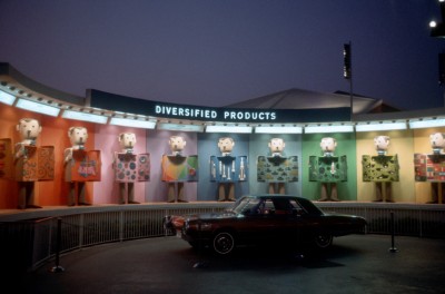 The Showmen illuminated at night