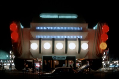 Back of Chrysler's Giant Auto illuminated at night