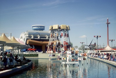 Flags of many nations with Chrysler operations in the moat surrounding the Islands - Autoparts Gazeebo rises in the background