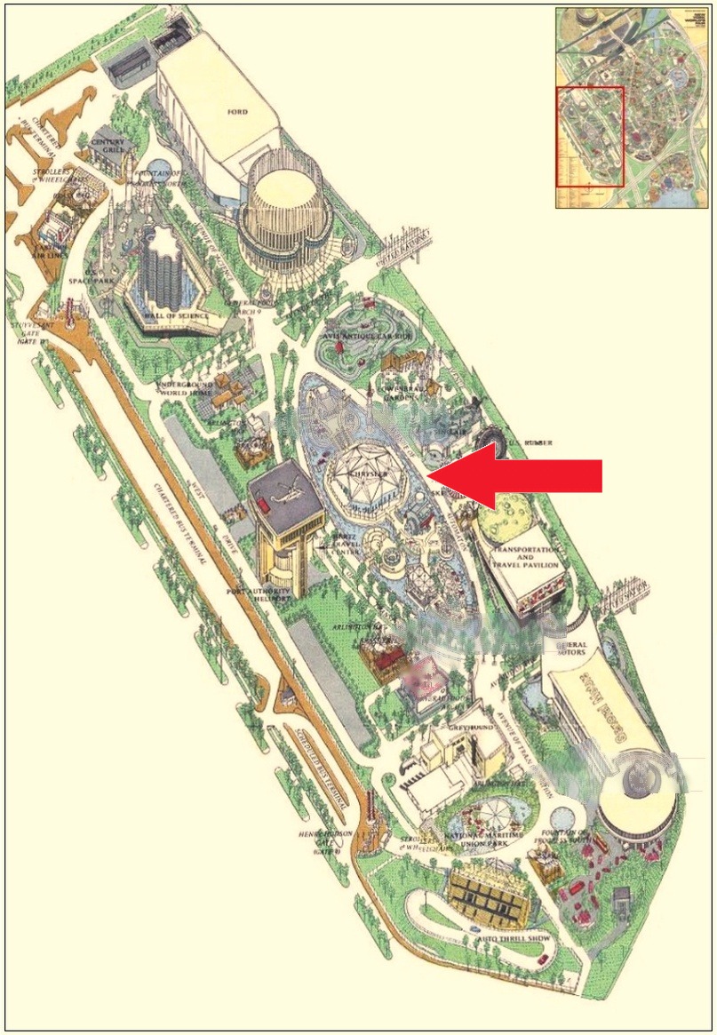 Chrysler Pavilion location on the Transportation Area of the 1964 Official Souvenir Map, with a red arrow pointing to Chrysler