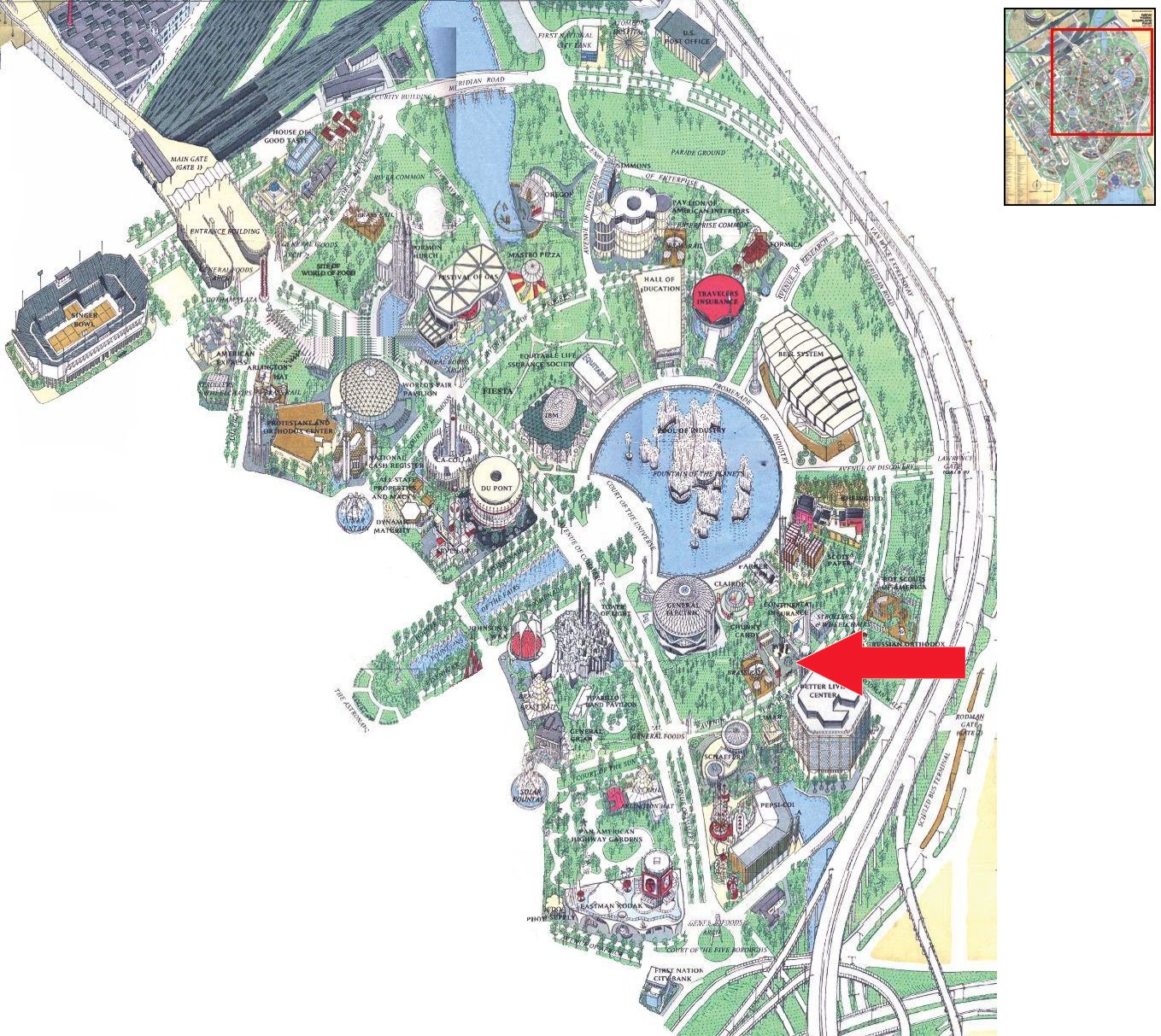 Chunky Candy pavilion location on the Industrial Area of the 1964 Official Souvenir Map, with a red arrow pointing to Chunky Candy
