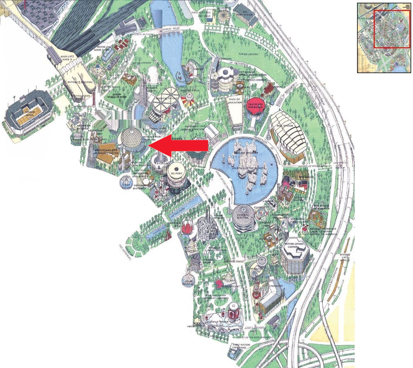 Churchill Center location on the Industrial Area of the 1964 Official Souvenir Map, with a red arrow pointing to the Churchill Center