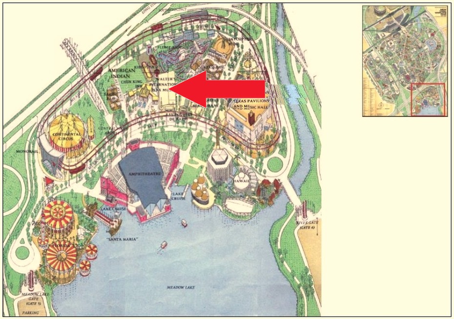 Chun King Inn location on the Amusement Area of the 1964 Official Souvenir Map, with a red arrow pointing to Chun King Inn