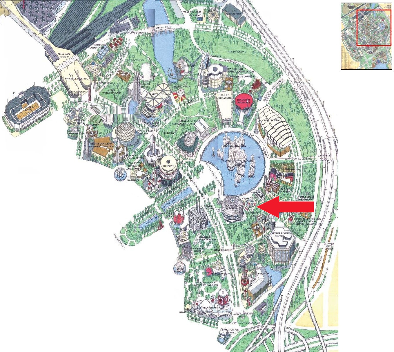 Clairol Color Carousel location on the Industrial Area of the 1964 Official Souvenir Map, with a red arrow pointing to Clairol