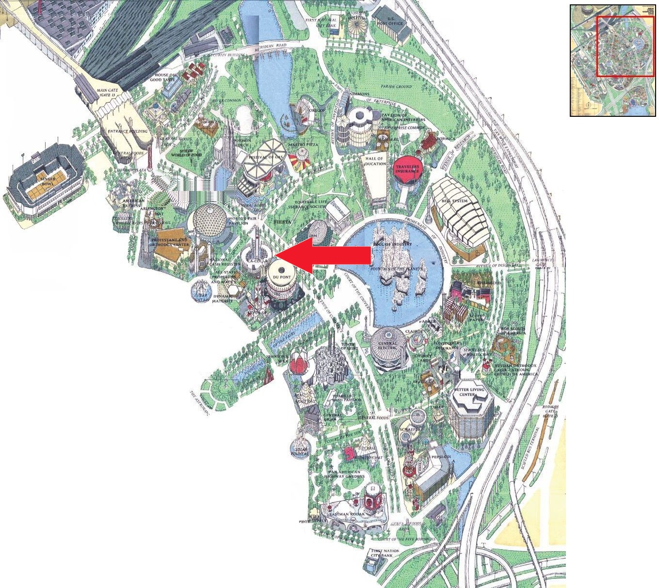 Coca-Cola pavilion location on the Industrial Area of the 1964 Official Souvenir Map, with a red arrow pointing to Coca-Cola