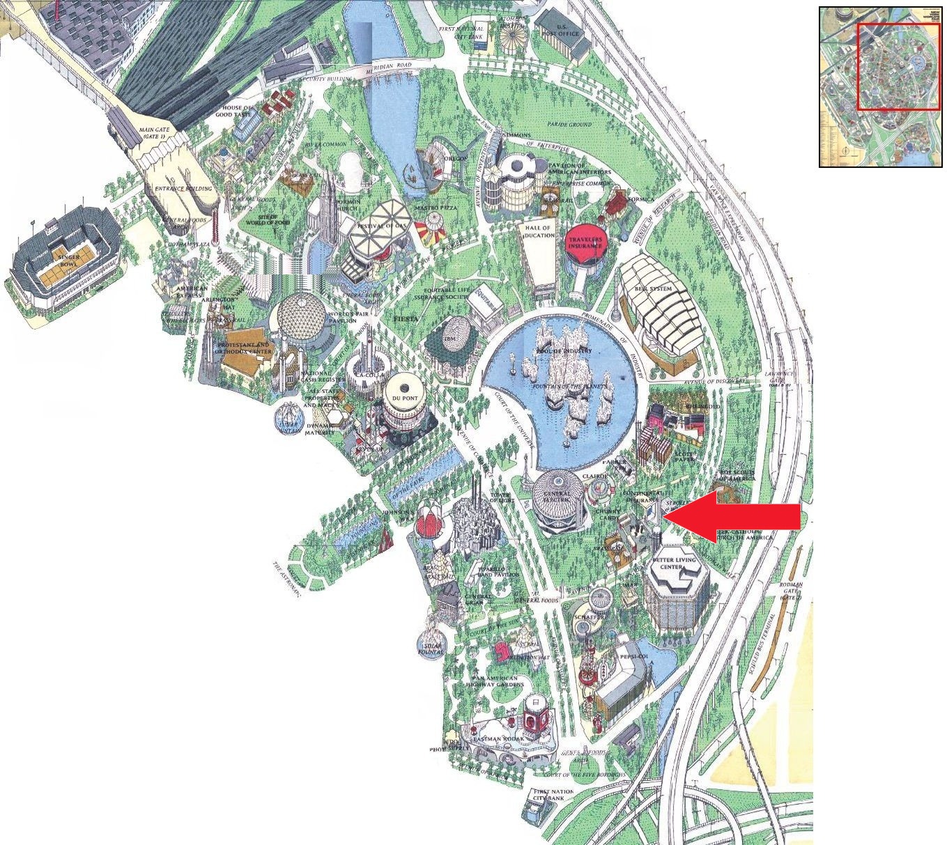 Continental Insurance location on the Industrial Area of the 1964 Official Souvenir Map, with a red arrow pointing to the Continental Insurance pavilion